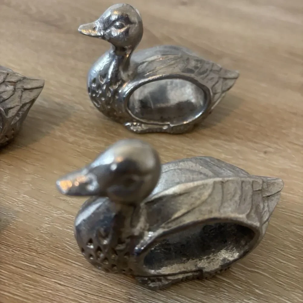 Vintage Pewter/ Metal Duck Napkin Rings Set 4 Grandmacore Cottagecore TableDecor